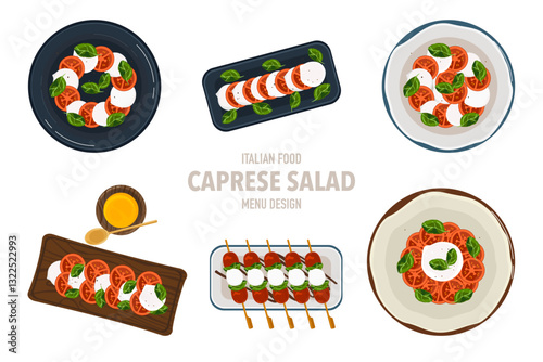 Vector banner illustration set with flat text. Delicious food. Italian cuisine. Caprese salad. Variety of elements. Top view. Recipe. Menu. Restaurant for food design, poster, and background.