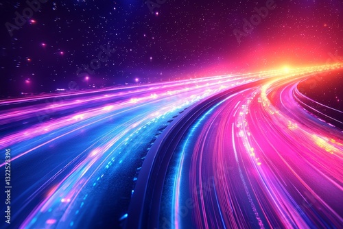 Neon lights blur in the background, accompanied by dynamic race track lights in a motion blur effect during a futuristic night scene