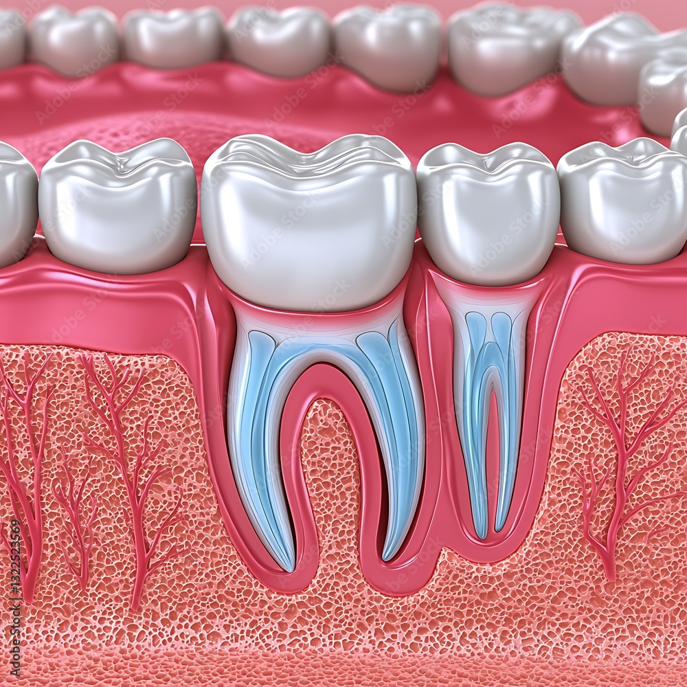 An anatomical illustration representing the structure of human teeth and gums An anatomical illustration representing the structure of human teeth and gums