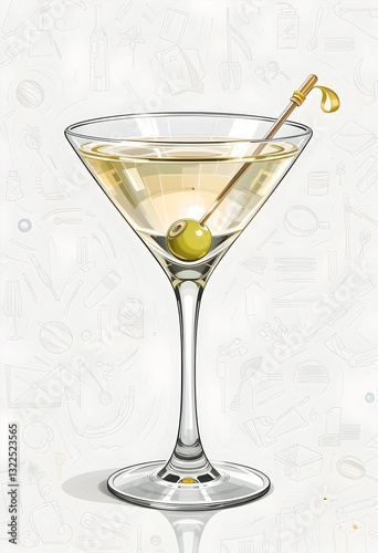 Classic martini glass with a clear drink, isolated on a white background with a sleek and minimalistic design.