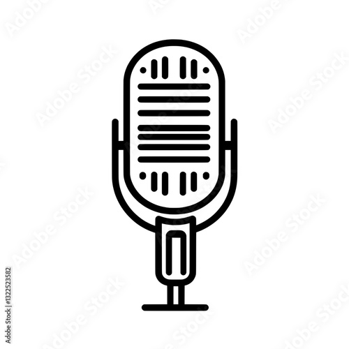 A detailed retro-style microphone icon with a stand, symbolizing professional audio recording, podcasting, broadcasting, and live music performance in a black and white vector illustration.