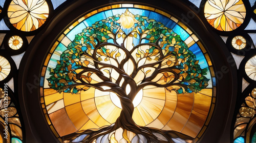 An intricate stained glass window showcasing a beautiful tree surrounded by vibrant colours and sunlight, capturing the essence of nature, growth, and spirituality in a artistic form