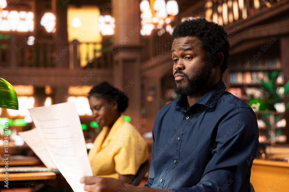 Black university student feeling anxious and struggling with learning, trying to memorize relevant information from class notes and research papers at the library. Male pupil studying to pass exams. Black university student feeling anxious and struggling with learning, trying to memorize relevant information from class notes and research papers at the library. Male pupil studying to pass exams.