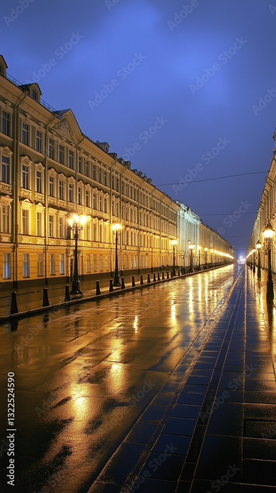 Obraz premium Night view of a city street, reflecting the warm lights in the wet pavement.