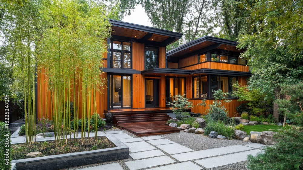 Naklejka premium Modern wood sided house with landscaped yard and pathway