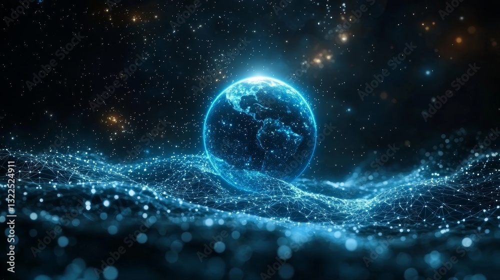 Obraz premium A holographic depiction of a global world with multiple connection points, representing social media and daily life for a business setting, is used as a wallpaper background