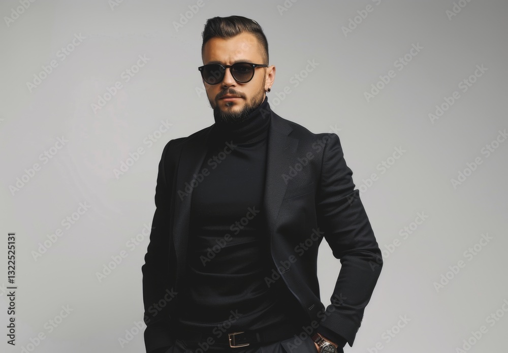 Obraz premium Serious body guard or secret agent wearing suit and sunglasses, isolated on grey background
