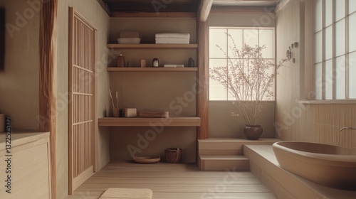 Minimalist wooden bathroom interior featuring a wooden bathtub and shelves