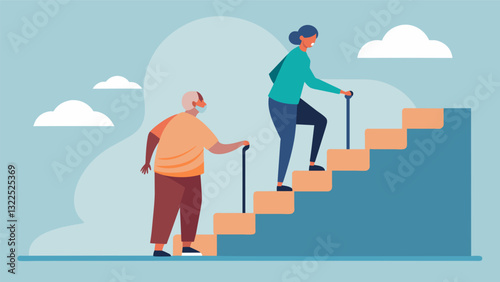 A oneonone coaching program to help seniors safely and confidently navigate stairs and uneven terrain.. Vector illustration