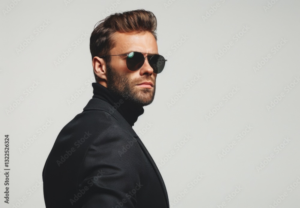Obraz premium Serious body guard or secret agent wearing suit and sunglasses, isolated on grey background
