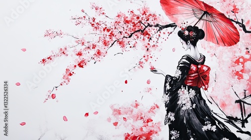 Sumi-e Painting of a Geisha Standing Beneath Cherry