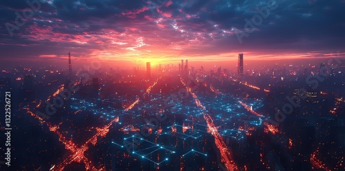 A visual representation of a contemporary city featuring dots and lines that denote high-speed internet, cloud storage, computing capabilities, global market presence, and a global network - AI