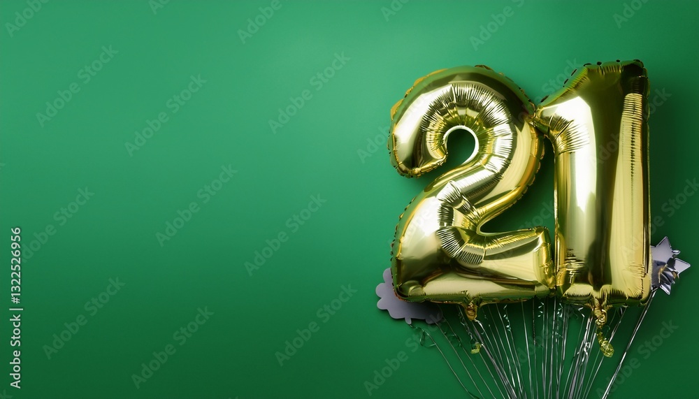 Fototapeta premium Banner with number 21 balloons on green background with copy space. Generated image