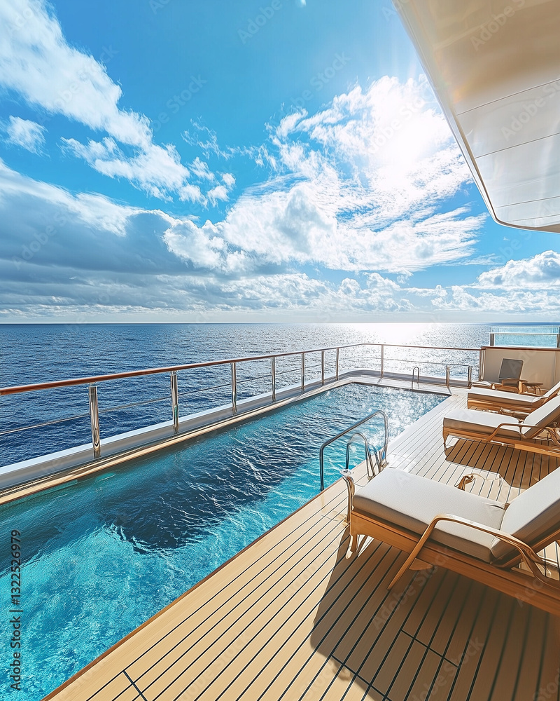 Fototapeta premium A luxury sea view swimming pool near the beach with comfortable deck chairs, modern style