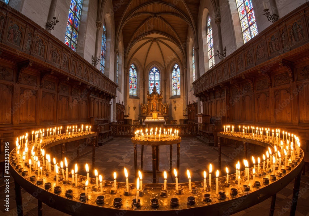 Obraz premium Peaceful candlelit church interior with stained glass windows and altar