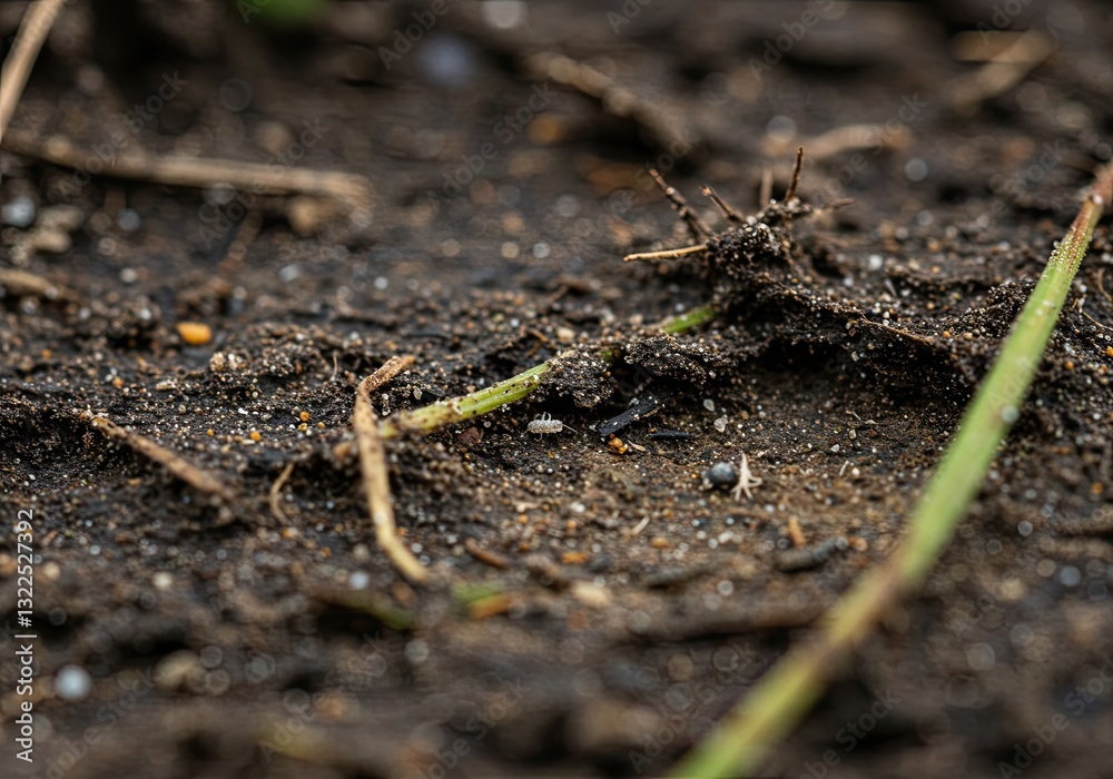 Close-up view of soil surface with twigs and organic matter in a natural setting Close-up view of soil surface with twigs and organic matter in a natural setting