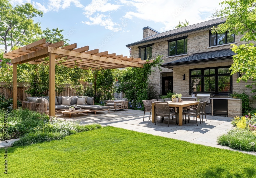 Inviting modern backyard with wooden pergola, cozy seating area, lush greenery, and elegant dining space for outdoor gatherings in bright daylight
