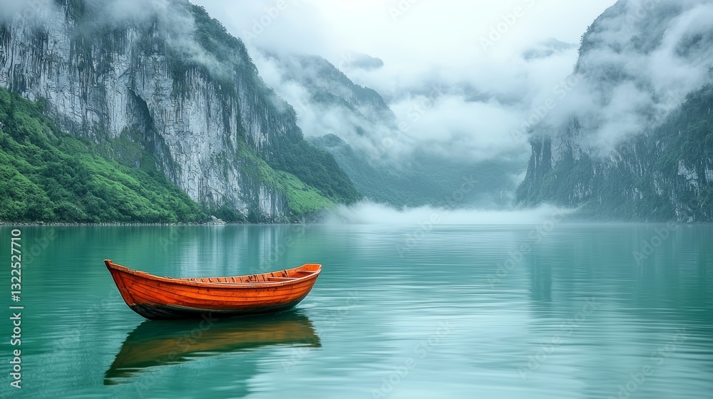 Fototapeta premium Serene Emerald and Skyblue Mountain Landscape Influenced by Ancient Asian Art