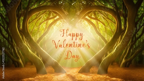 enchanting forest with tree branches forming a glowing heart shape and happy valentine's day text creating a magical and romantic setting for love celebrations and nature lovers
