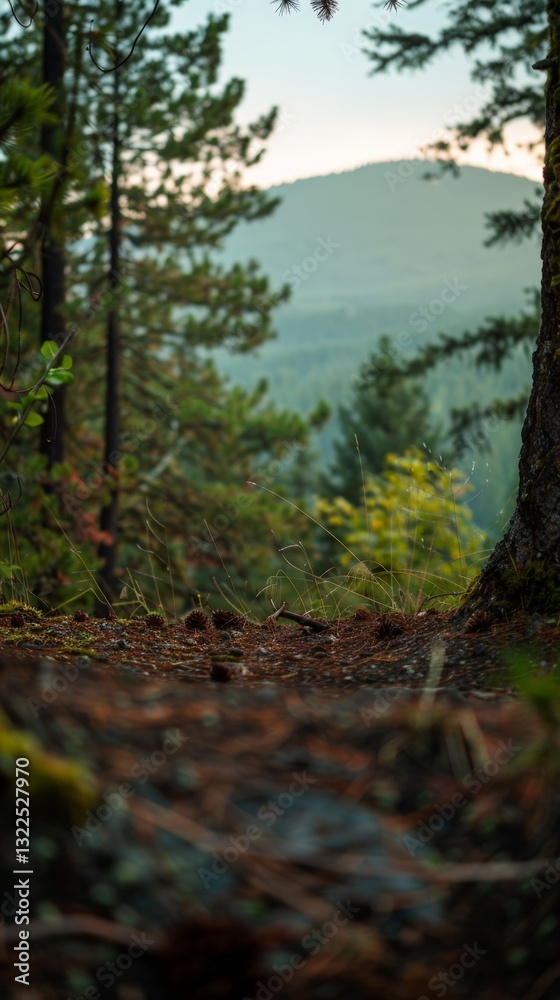 Serene Forest Floor Landscape with Mountain Range during Dawn Hours Serene Forest Floor Landscape with Mountain Range during Dawn Hours
