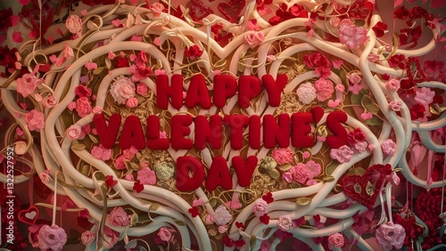 intertwined heart shaped decorations with happy valentine's day text creating a luxurious and romantic setting for love themed celebrations and special moments