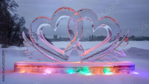 sculpture of two intertwined hearts glowing with colorful lights creating a winter themed valentine's day celebration symbolizing love and connection