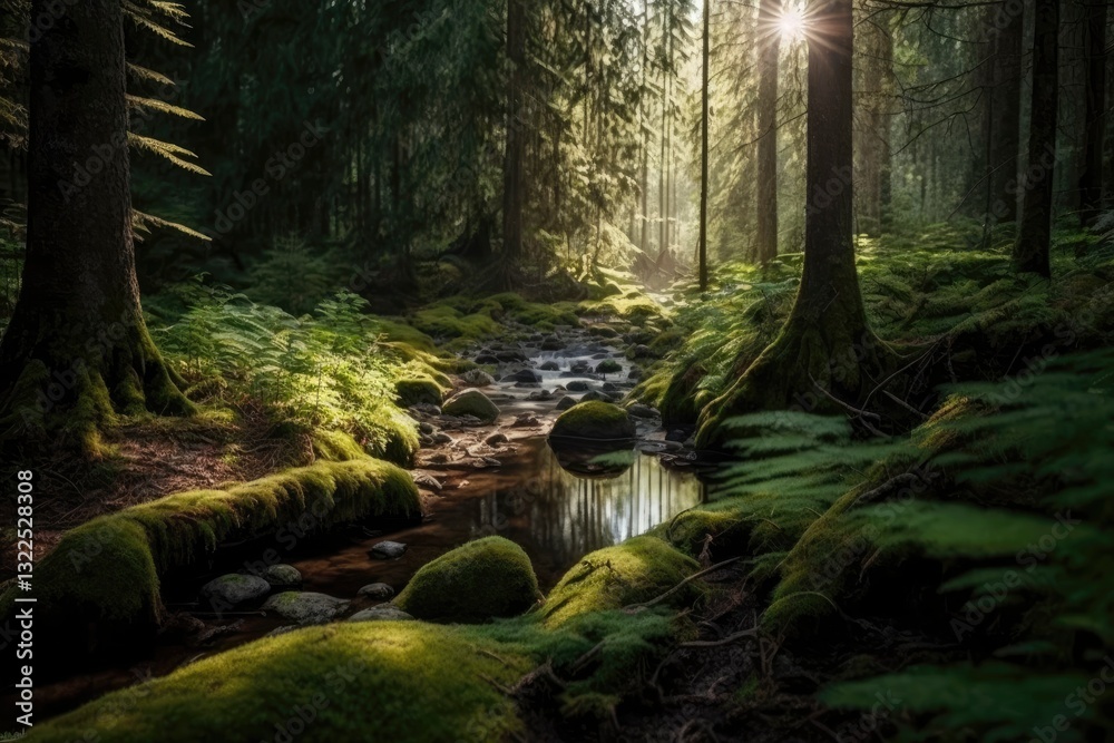 Obraz premium Serene Forest Scenery with Tall Trees Swaying in Gentle Breeze Under Filtered Sunlight