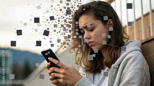 cyberbullying online harassment and social media concept, Young woman distracted by smartphone, looking concerned.