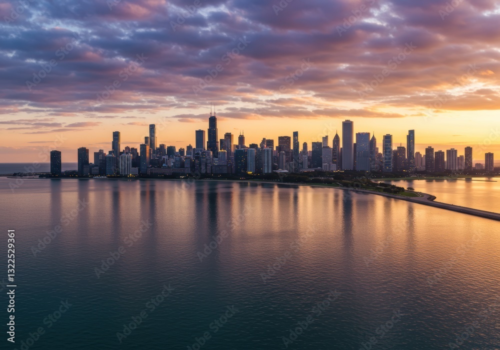 Fototapeta premium Stunning sunset over chicago skyline reflecting on lake michigan waters