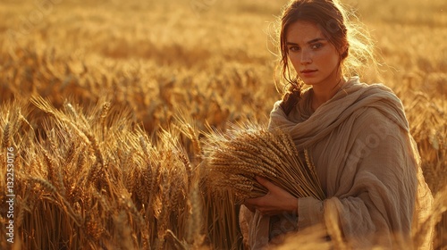 Serene Scene of Ruth in a Vast Field of Golden Wheat