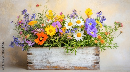Wallpaper Mural A cluster of mixed wildflowers in a rustic distressed wooden square pot on a soft beige backdrop Torontodigital.ca