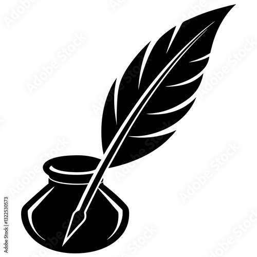 quill pen, inkwell silhouette simple design, literature icon, vintage writing tool, elegant illustration. feather pen and ink