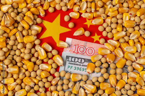 Corn and soybeans with flag of China, yuan, and United States cash money. Trade tariffs, agriculture and trade war concept. 