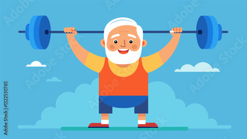 A senior man proudly showing off his weightlifting skills at a fitness competition for older adults.. Vector illustration