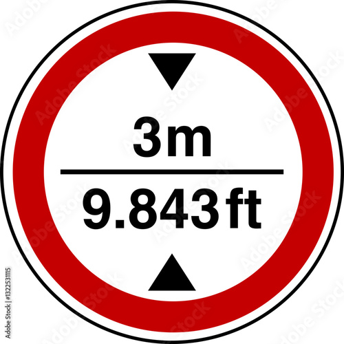 Free Download 3 m height restriction circular sign sticker with conversion to 9.843 feet,ft - GFXLoad