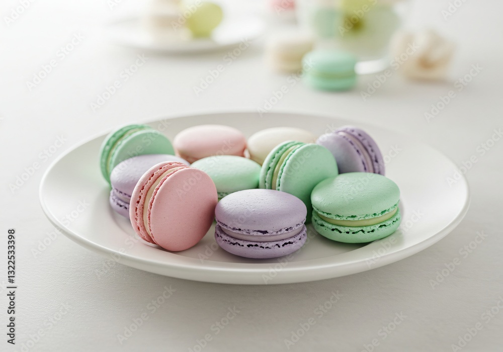 Fototapeta premium Delicious macarons, delicious macarons, delicious food, delicious snacks, Pastel-colored macarons elegantly arranged on a ceramic plate