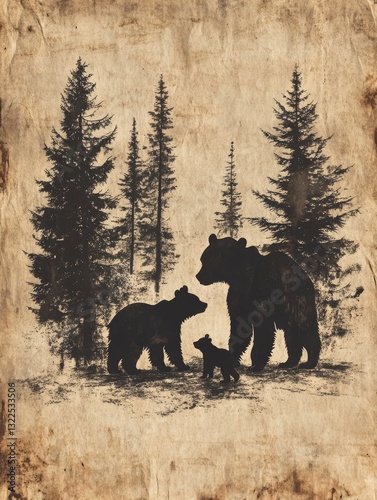 Silhouette of two bears and their cubs in woods on old paper background with pine trees in rustic clean lines artwork