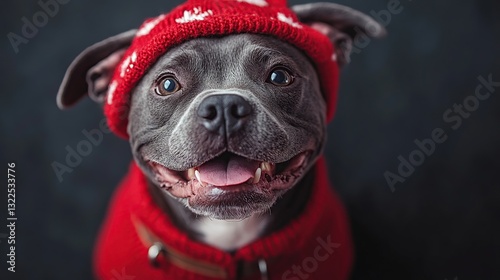 Adorable dog wearing festive red hat and jacket.  Happy, playful pup photo