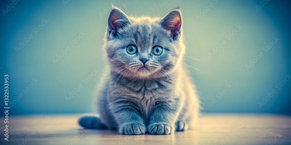 Naklejka premium Adorable Blue Tortie British Shorthair Kitten, Sideways Pose, White Background