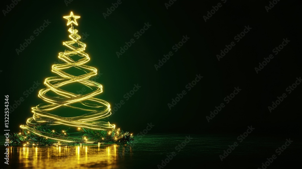 A neon-outlined Christmas tree against a dark green festive background. A neon-outlined Christmas tree against a dark green festive background.