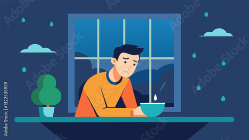 On a rainy day a man sits at a table by a window the soft pattering of raindrops providing the background music as he gently molds a bowl completely absorbed in the theutic. Vector illustration