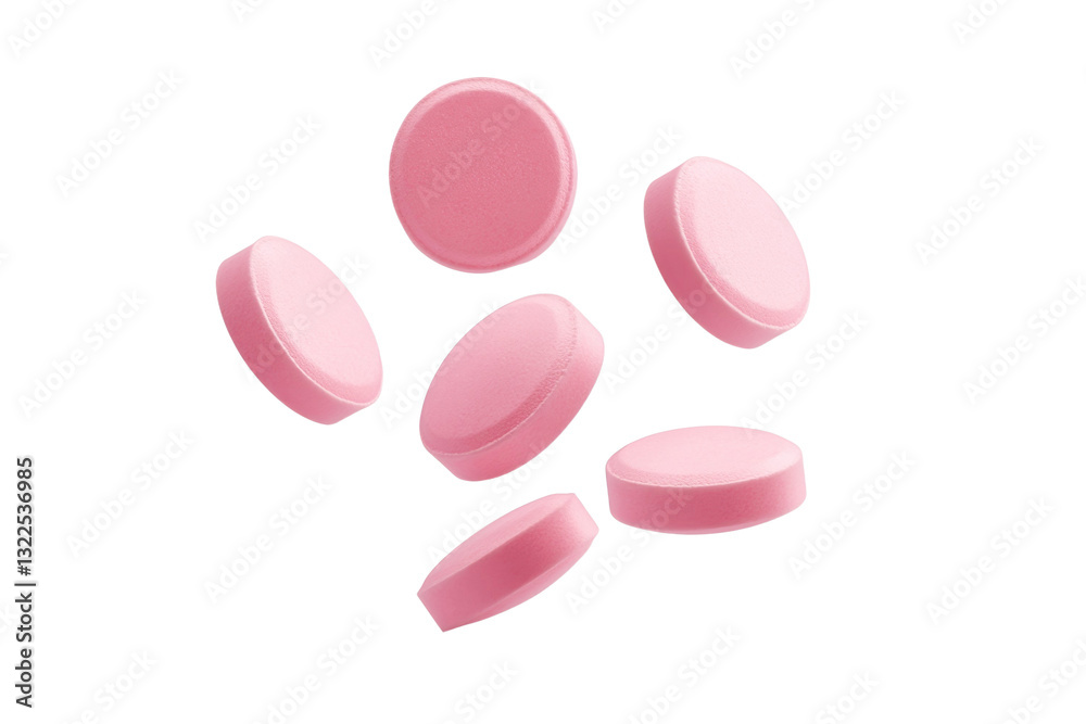 Group of pink pills are scattered on a white background, isolated Group of pink pills are scattered on a white background, isolated
