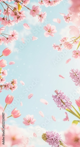 Spring blossom: pink flowers and petals against a blue sky