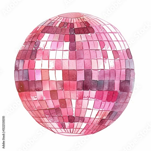 Soft Pastel Watercolor Illustration of Disco Ball in Dark Pink Color for Coquettecore and Soft Girl Aesthetics