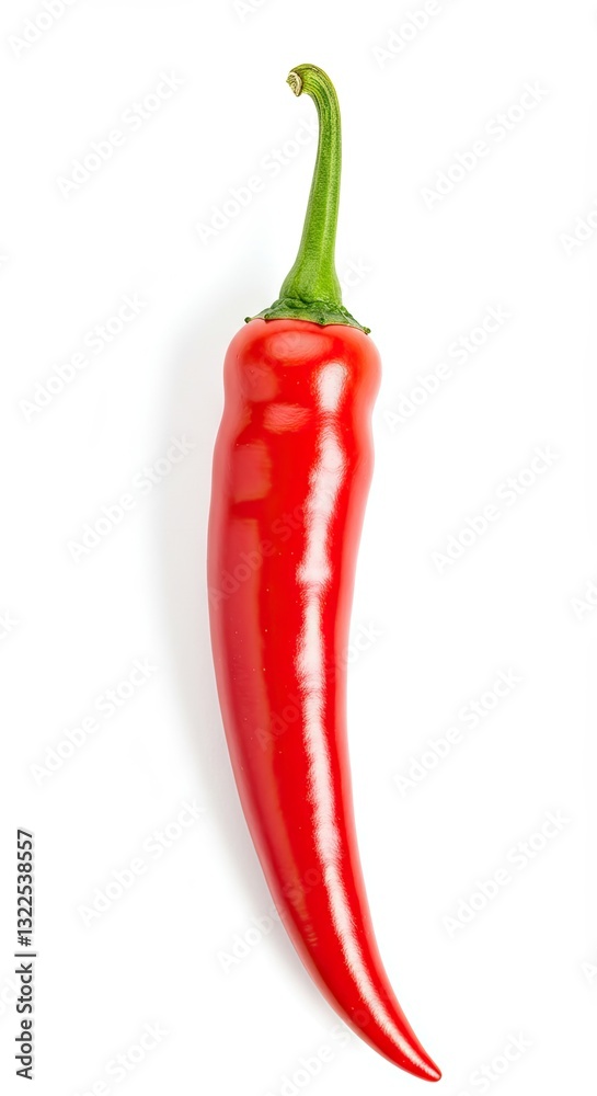 Vibrant red chili pepper on white background with green stem Vibrant red chili pepper on white background with green stem