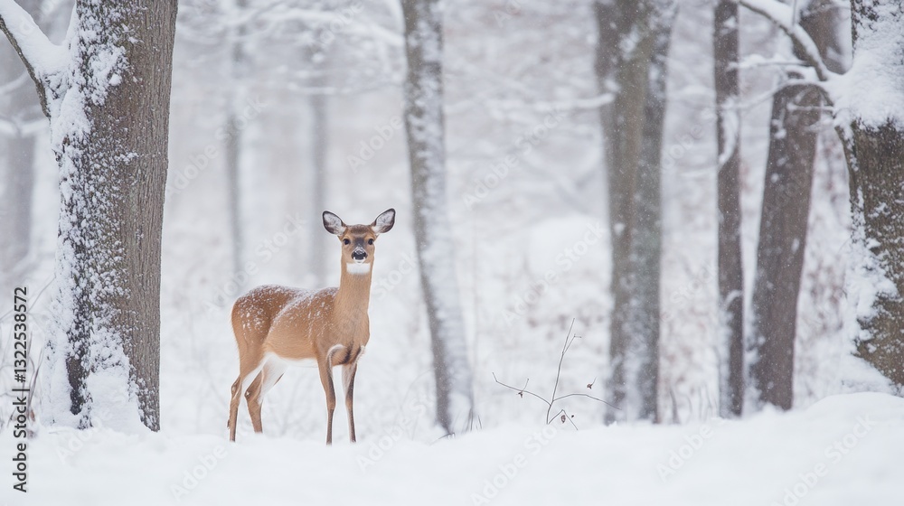 Fototapeta premium Solitary Deer Standing Peacefully In Snowy Forest Landscape With Snow-covered Trees Under Winter Sky