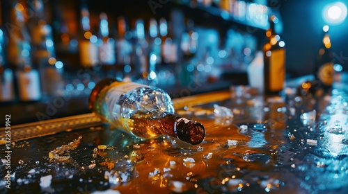 Spilled Liquid Mess on a Bar Counter with Shattered Glass Bottle