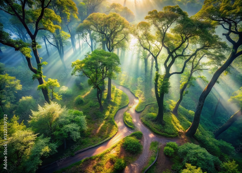 Fototapeta premium Aerial View of Enchanting Deep Forest, Lush Canopy, Magical Atmosphere, Drone Photography