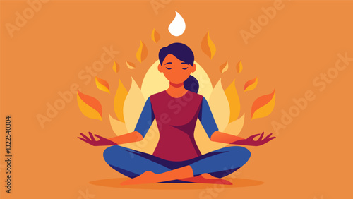 One person sits with straightened back and joined hands their face serene as they harness the power of their inner fire.. Vector illustration