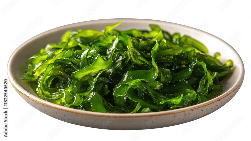 Ocean's Delight: A delectable serving of seaweed salad, showcasing the vibrant green strands on a simple plate, perfect for culinary adventures. Ocean's Delight: A delectable serving of seaweed salad, showcasing the vibrant green strands on a simple plate, perfect for culinary adventures.